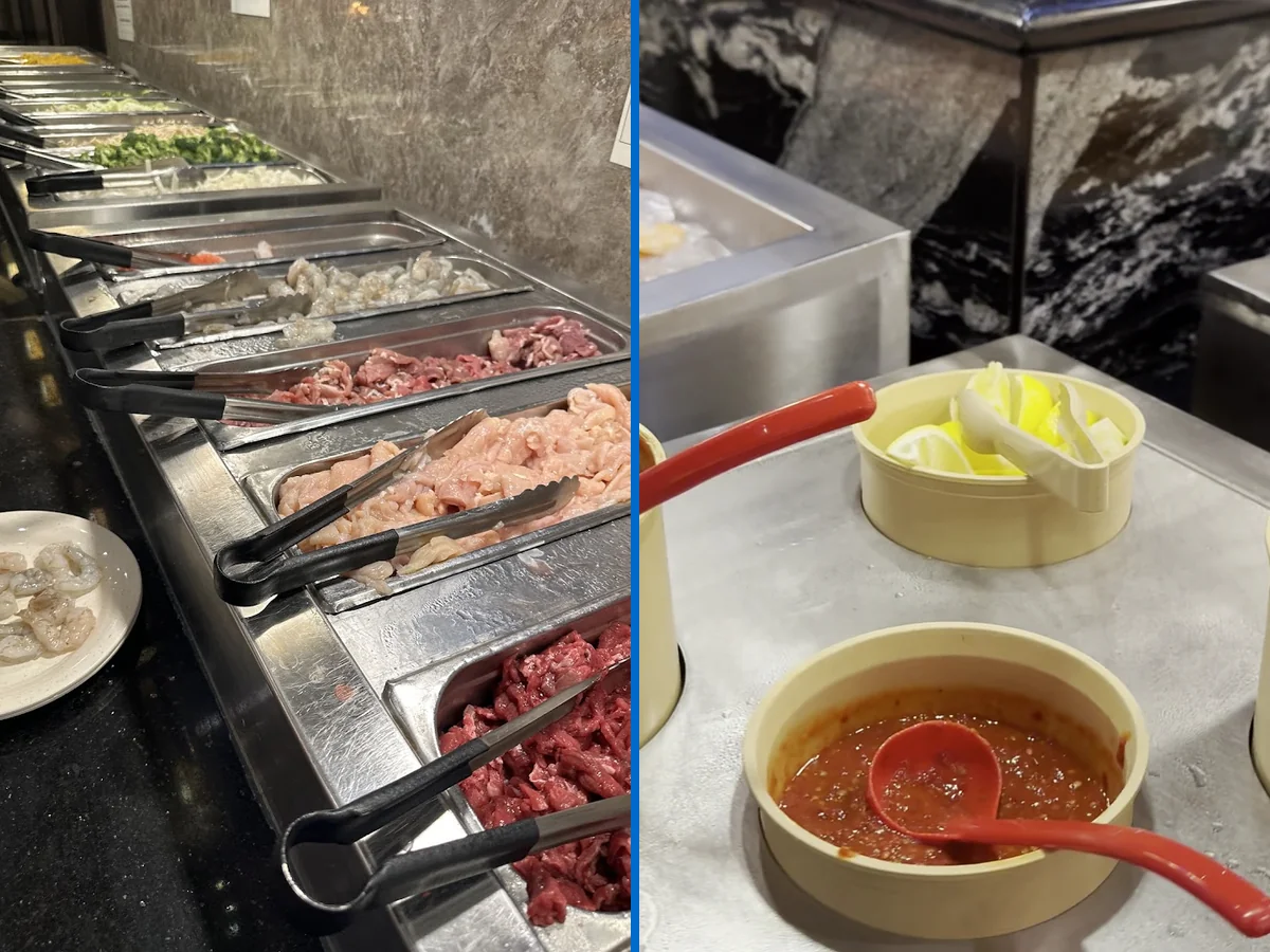 Rows of buffet trays in a casual restaurant.