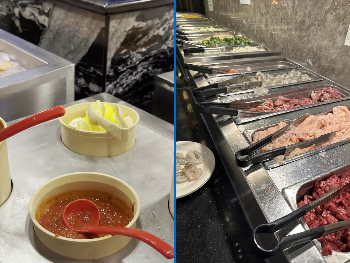 Buffet counters with Asian dishes and stone accents.